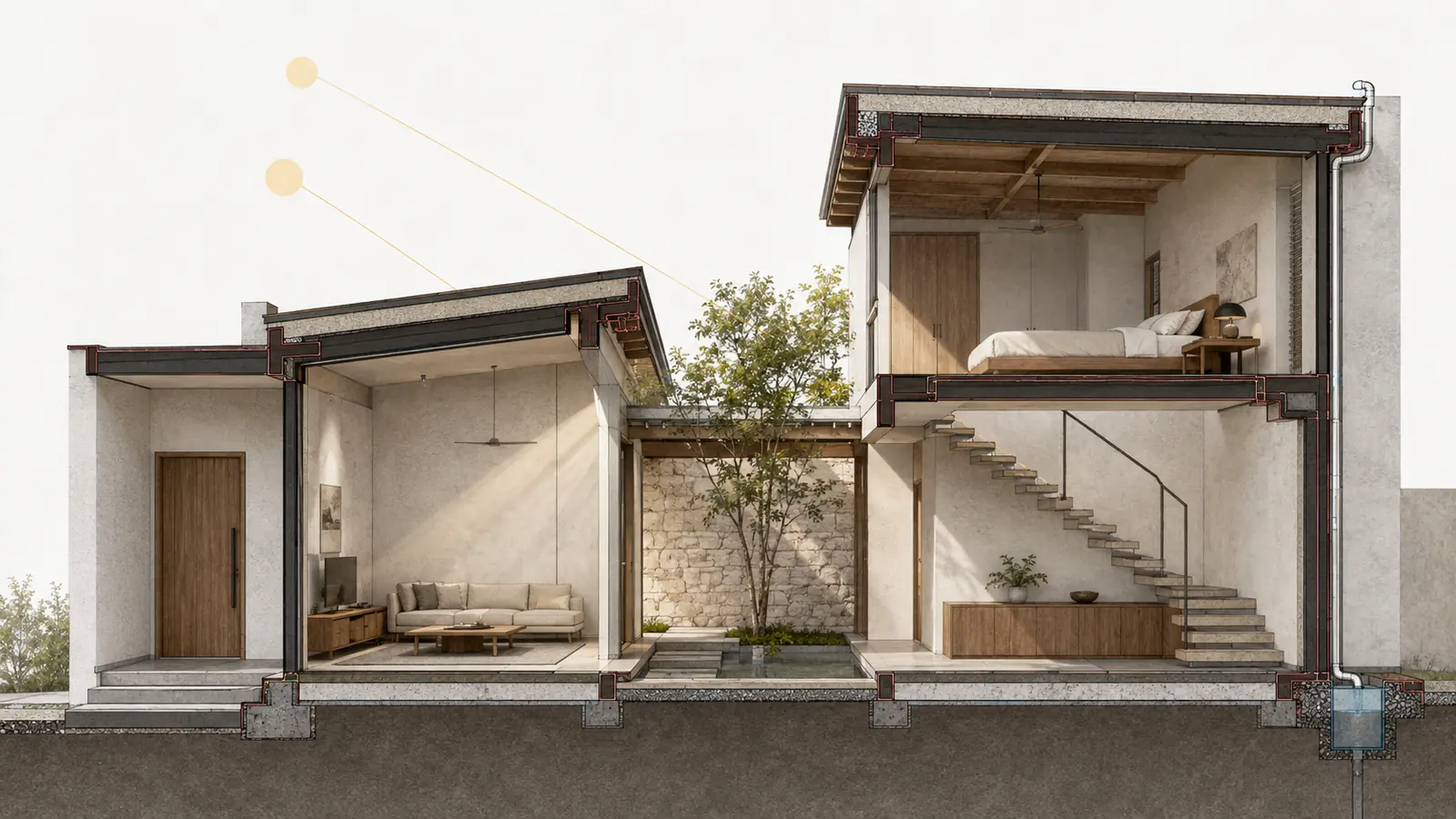 Longitudinal section through a compact courtyard house