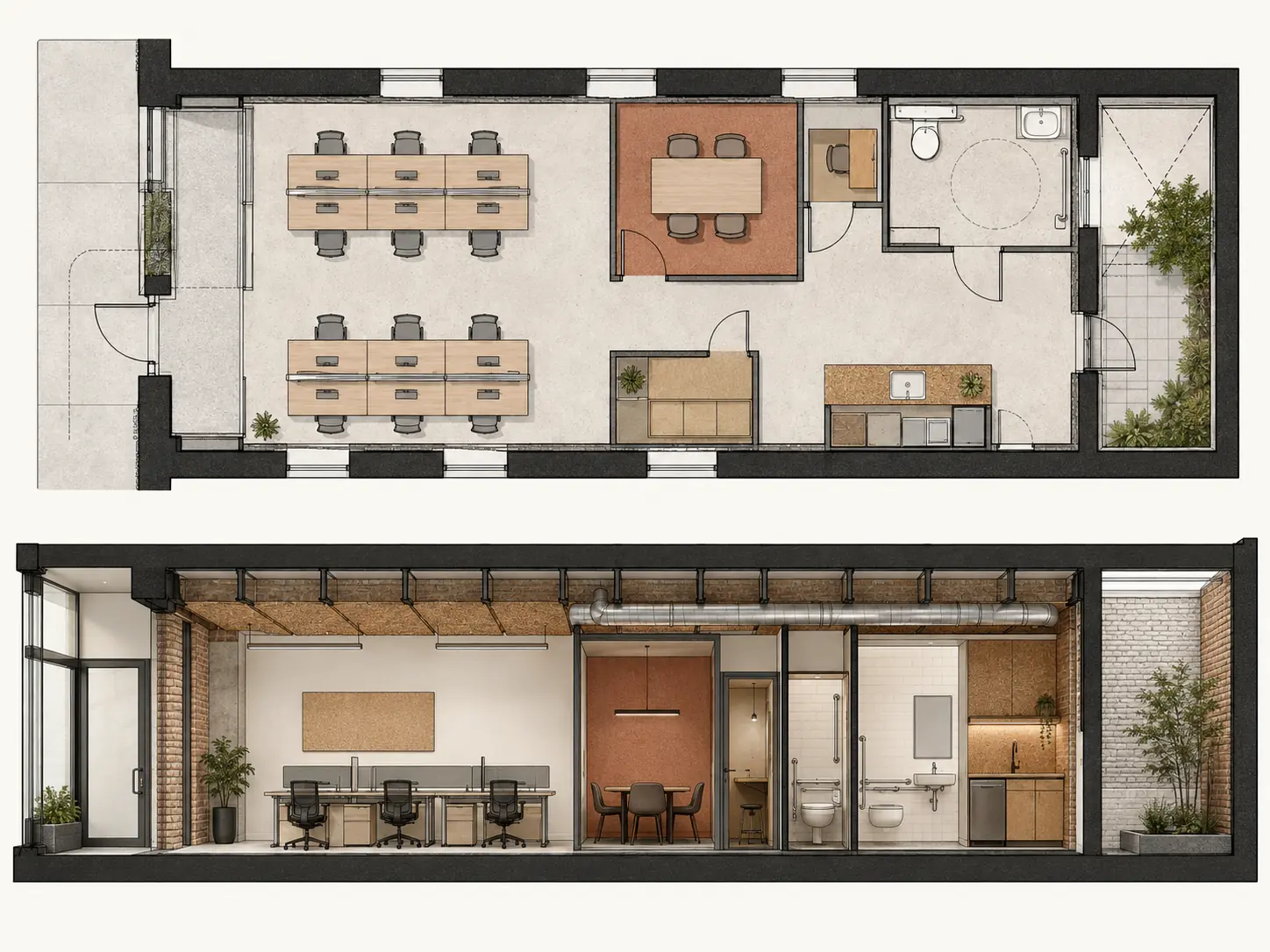 Office plan and section technical drawing