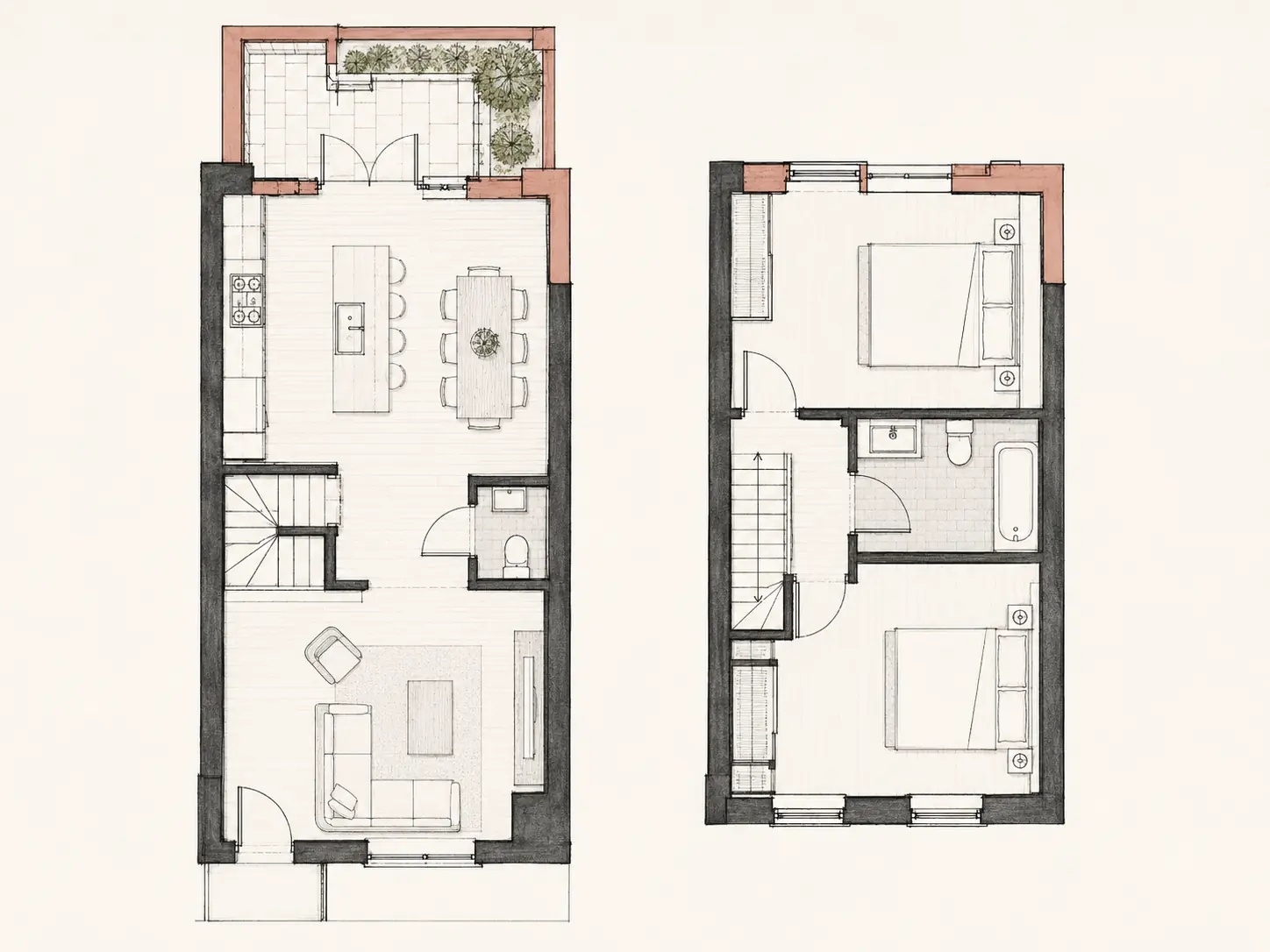 Pencil-style townhouse floor plan concept