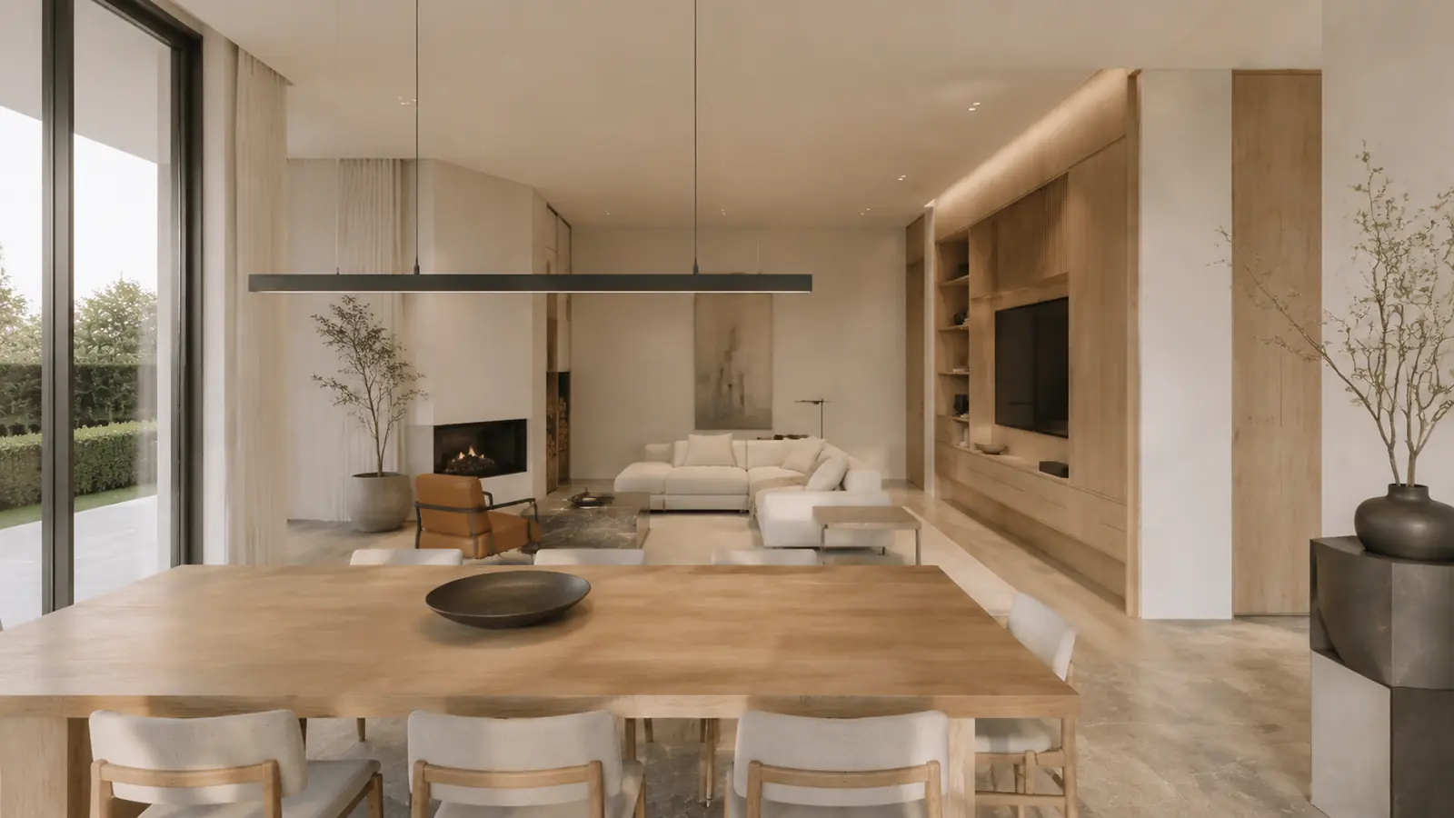Warm residential dining view toward an oak media wall