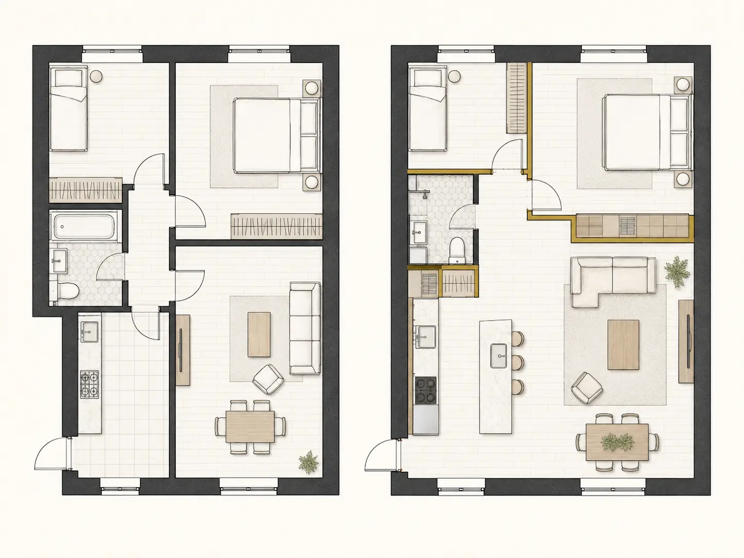 Existing and proposed apartment floor-plan comparison