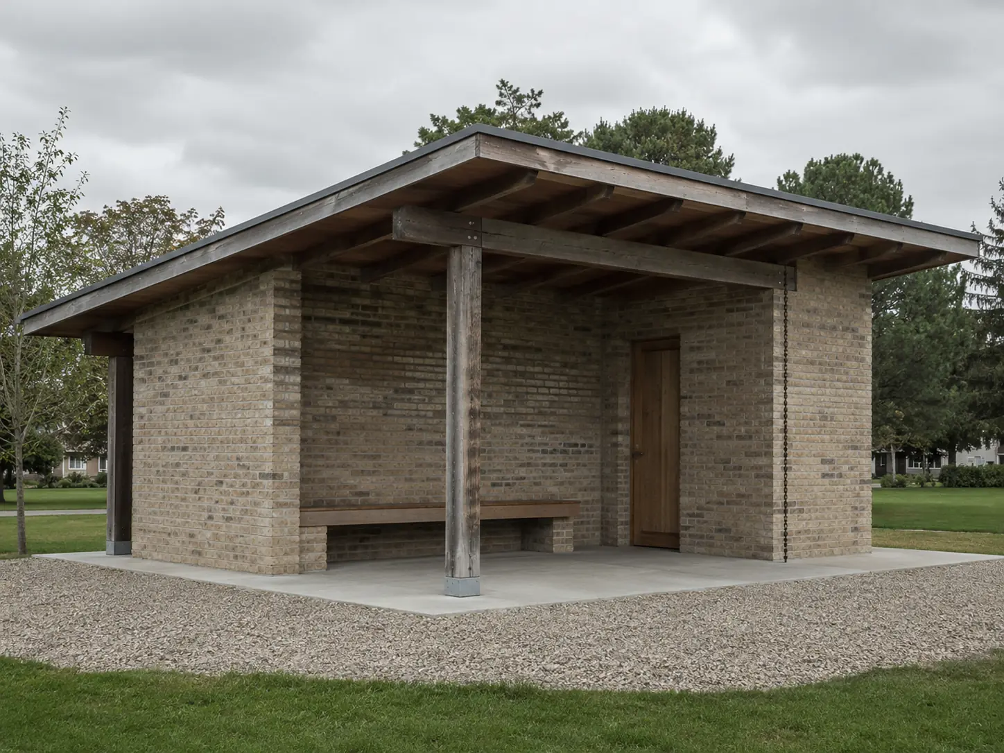 Modest brick garden pavilion in a landscaped setting