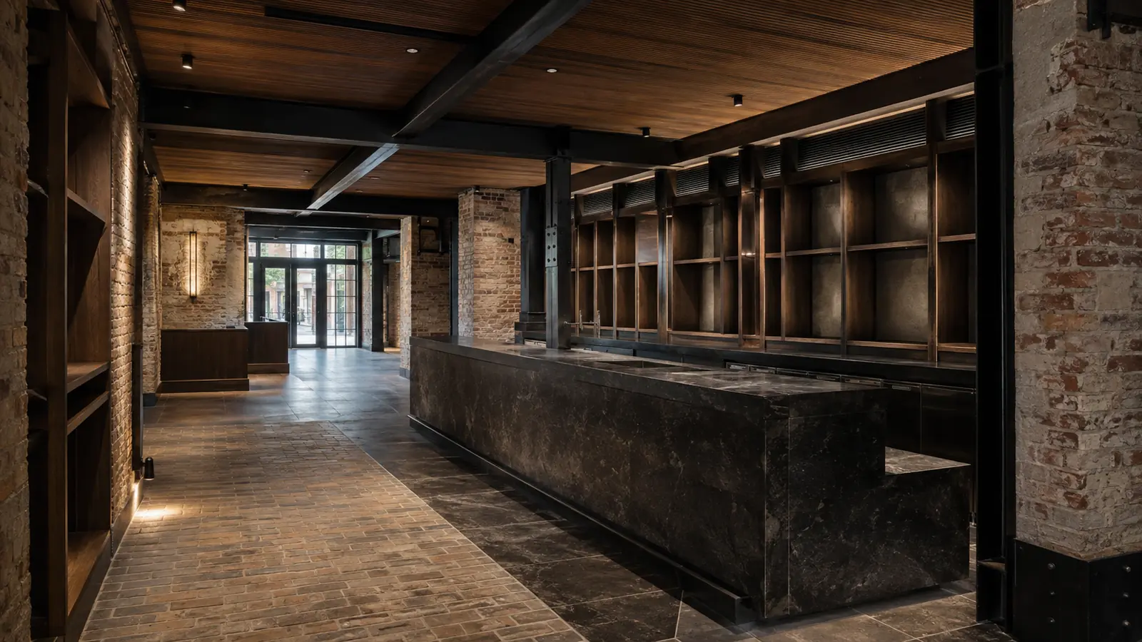 Warm repaired-brick hospitality bar interior