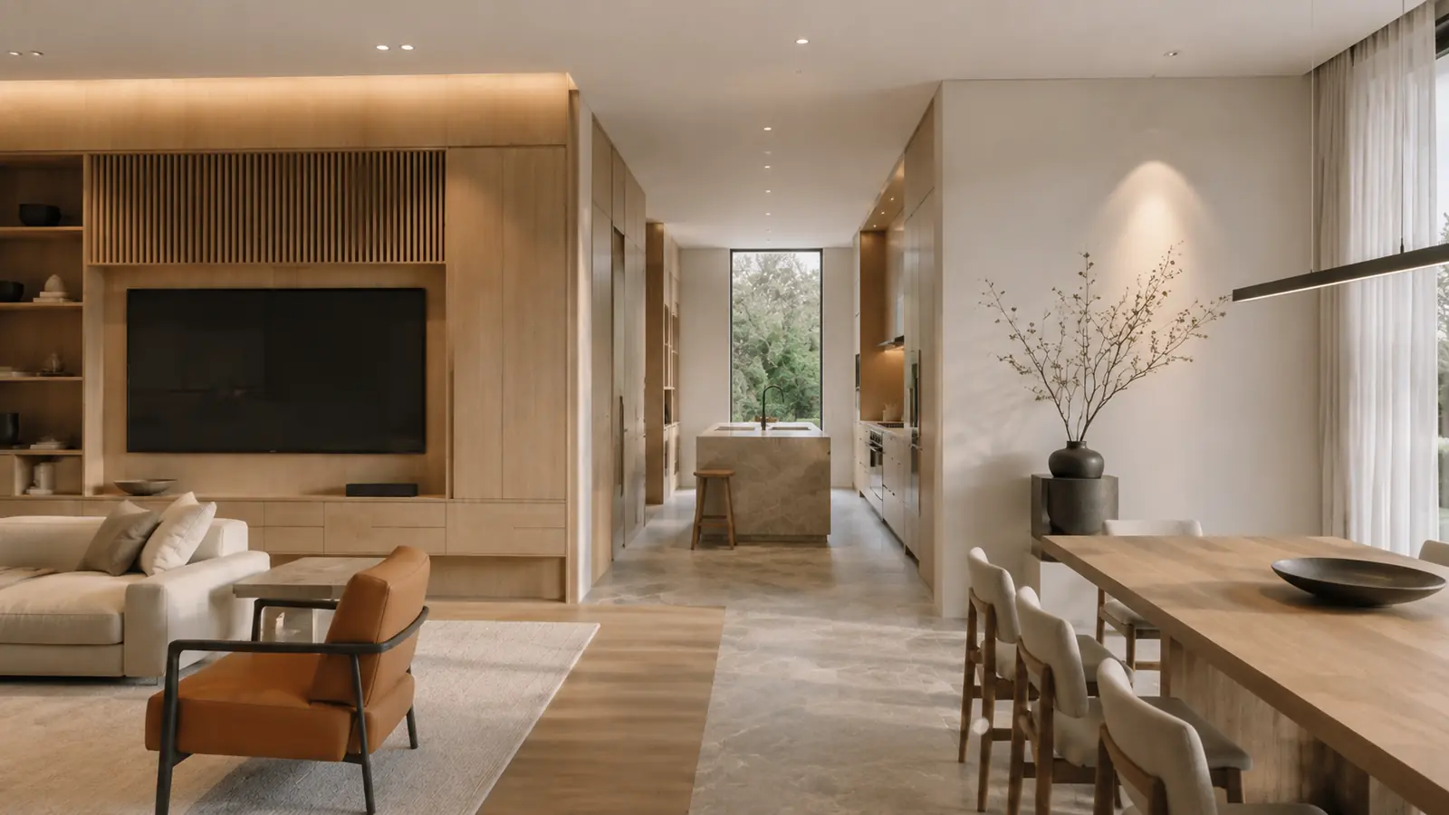 Warm oak kitchen beyond a contemporary living room