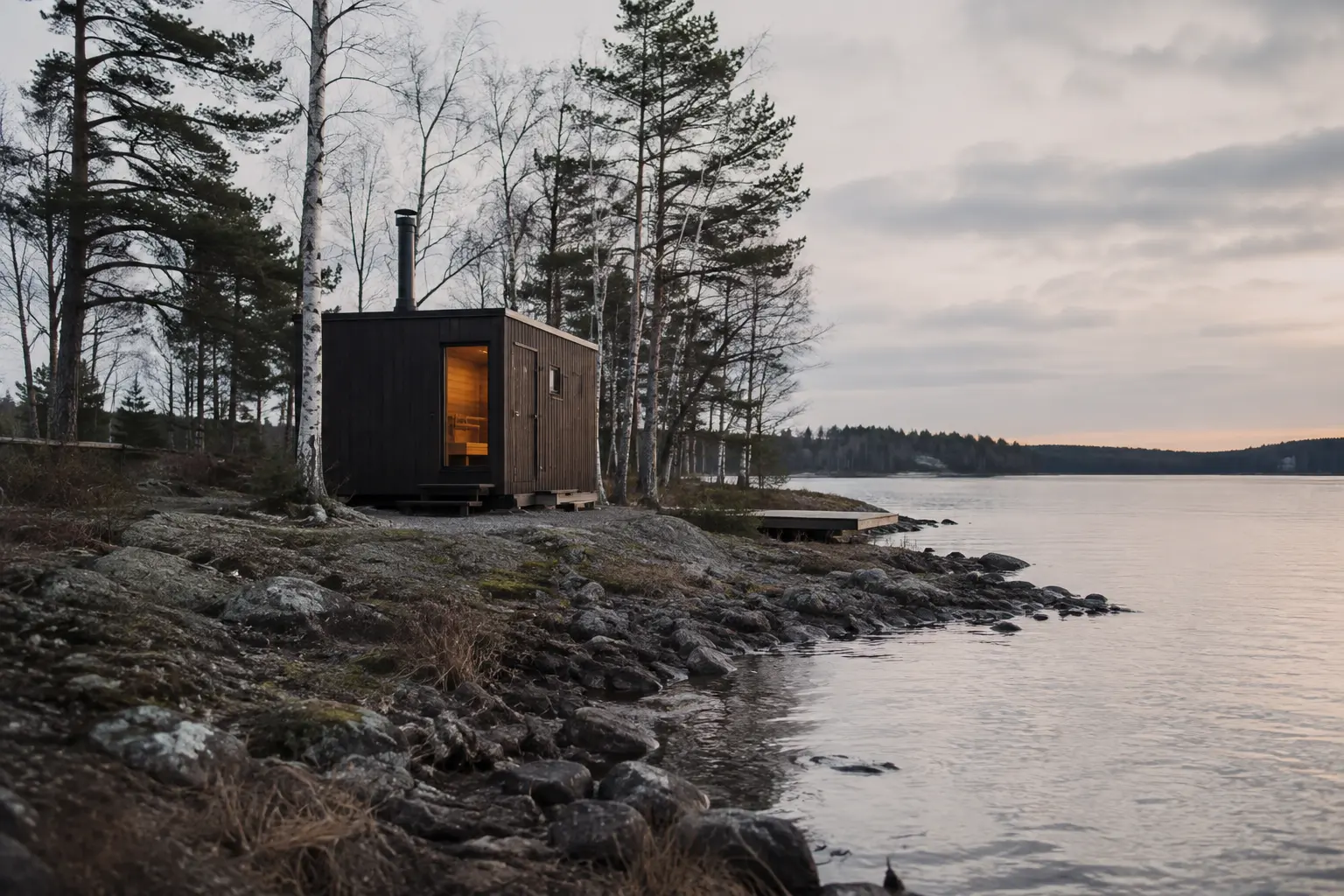 Lakeside sauna cabin — architectural study by Artimist Productions