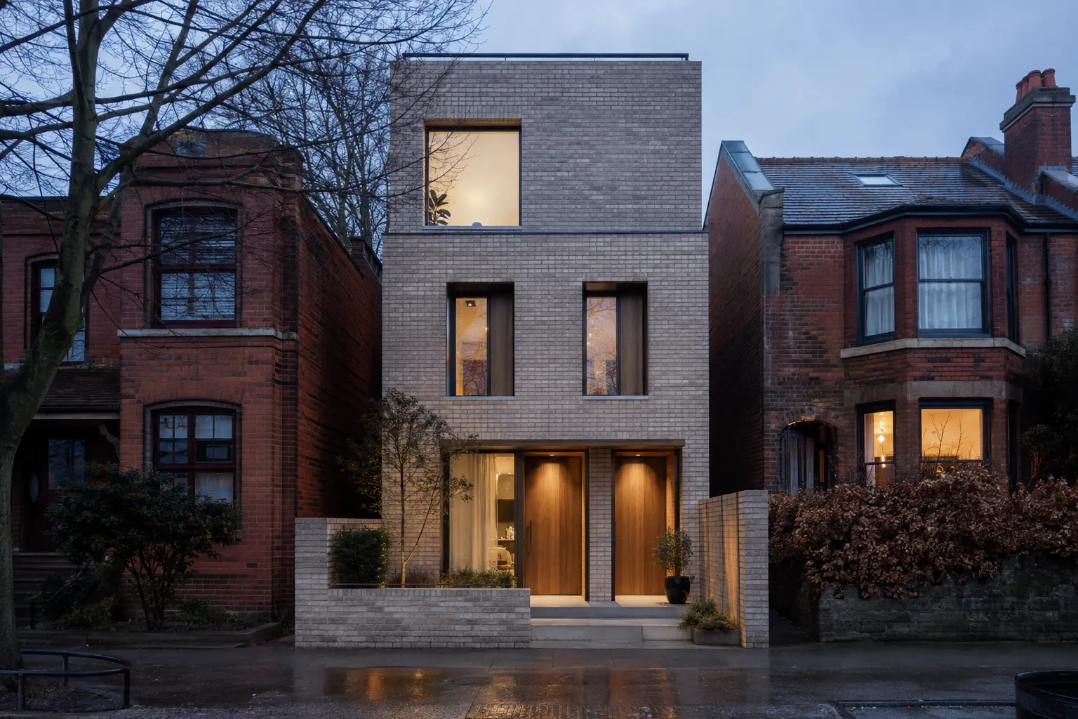 Ultra-realistic urban infill duplex at blue hour