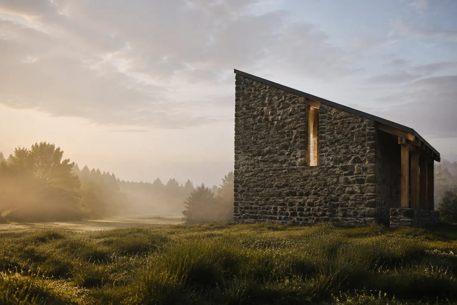 Ultra-realistic rural stone meditation chapel
