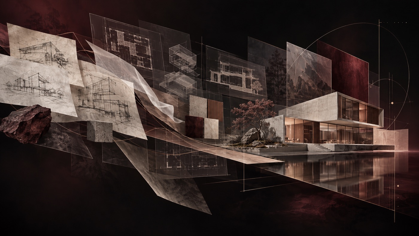 Architectural sketches, technical drawings and material studies converging into a finished contemporary building