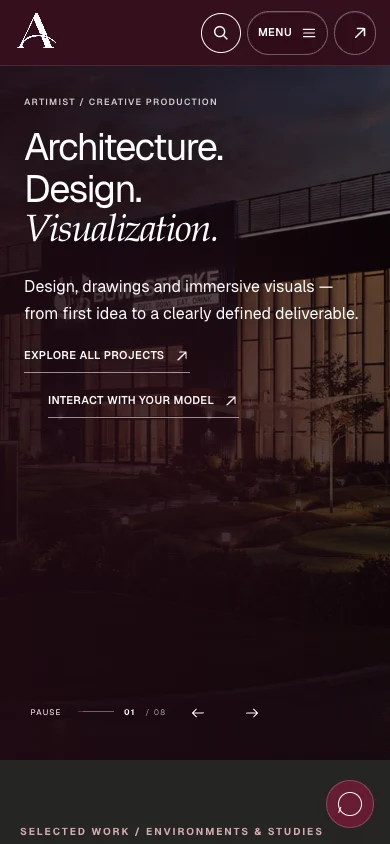 Artimist / a connected studio website mobile website view