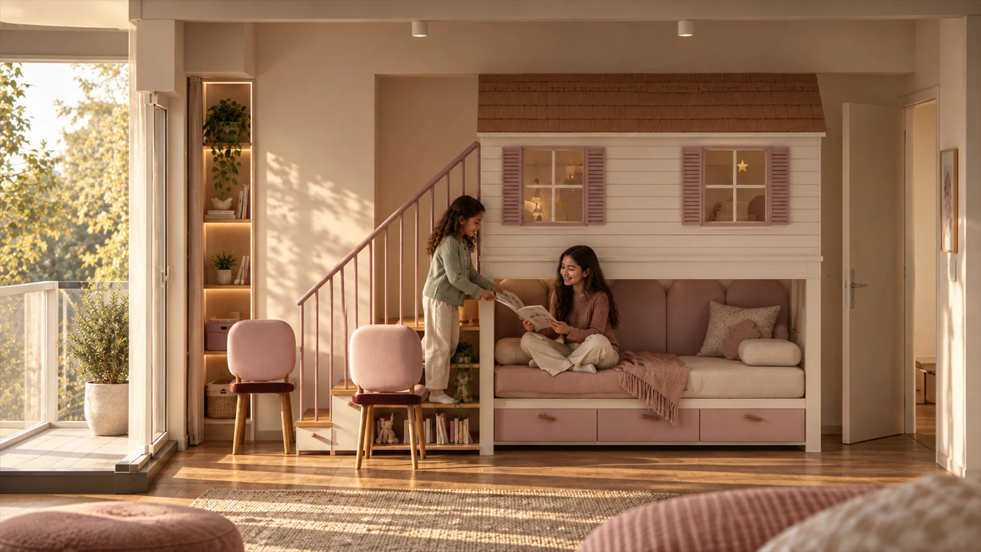 Alternative view of the shared bedroom showing built-in furniture and soft pink accents