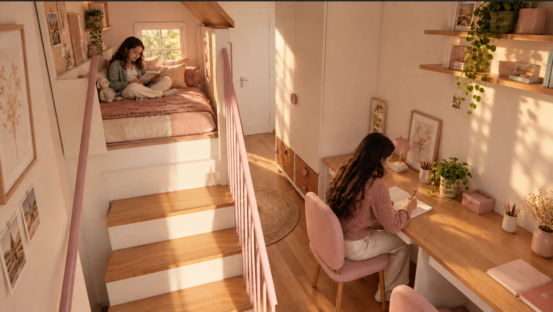 Shared bedroom with raised beds, pink upholstery, pale timber stairs and desks beside a garden window