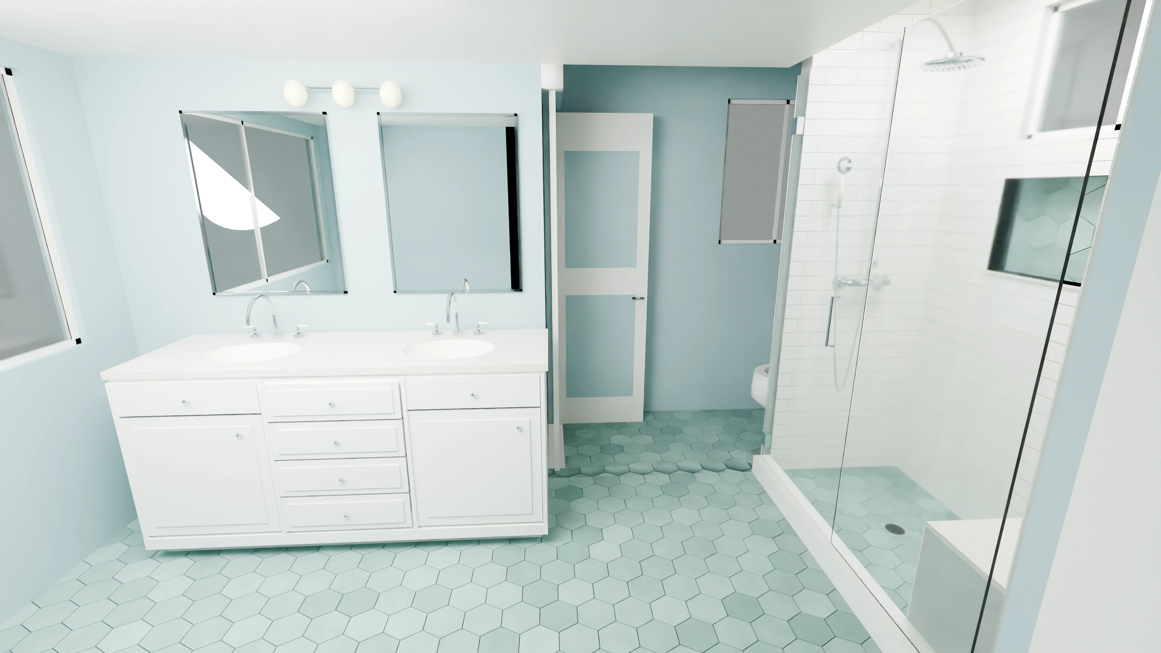 Revised Bettina bathroom with blue walls, a white vanity and chrome fittings