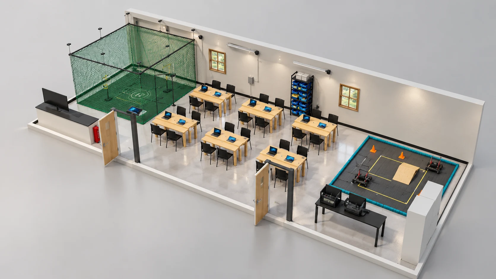 Cutaway of JAG STEM Lab with benches and training zones