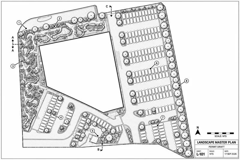 Black and white landscape master-plan drawing showing site layout and planting relationships