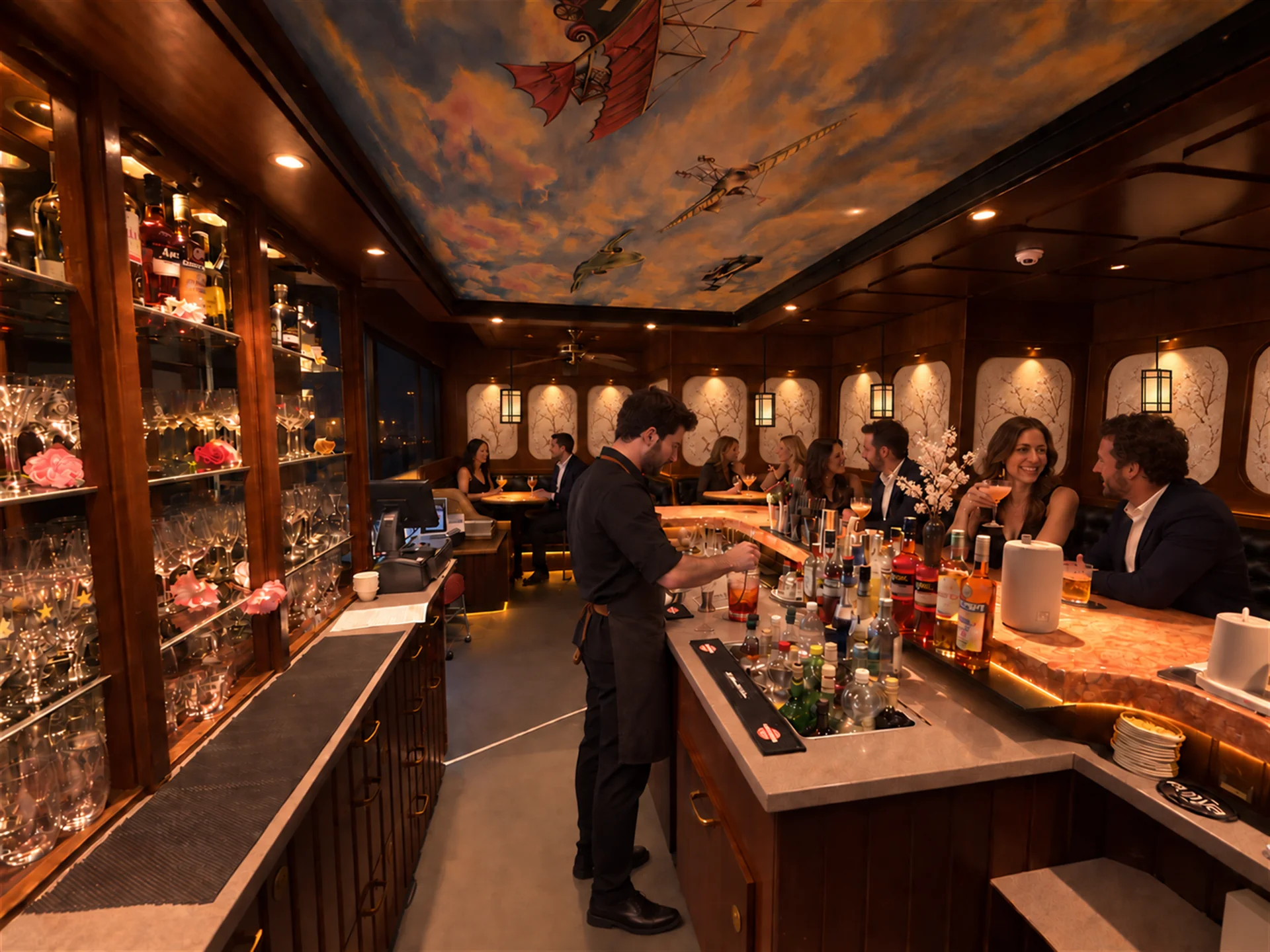 Second view of the lounge showing the bar and surrounding interior