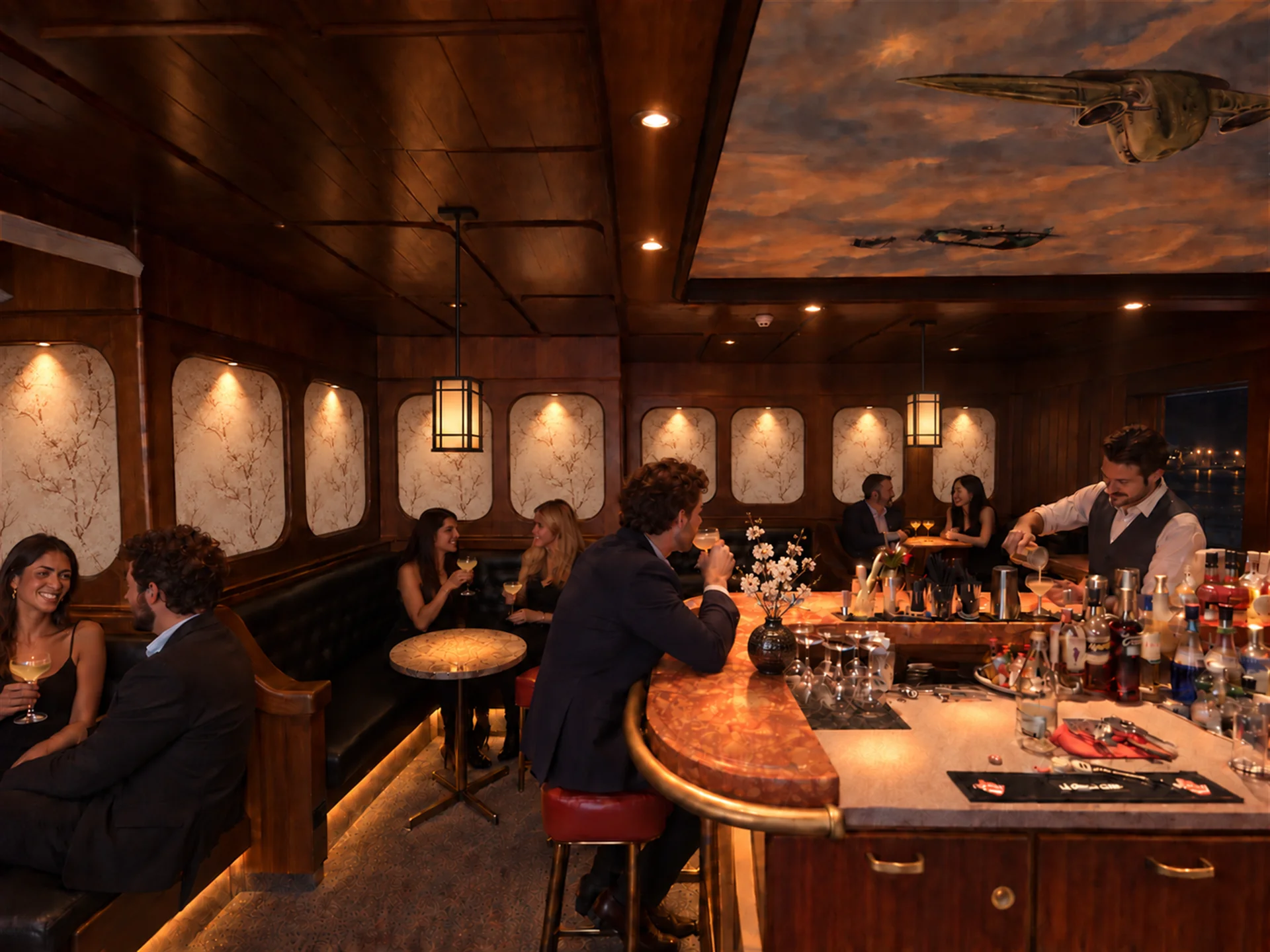 Dark timber lounge bar with a glowing stone counter, upholstered stools and a decorative ceiling