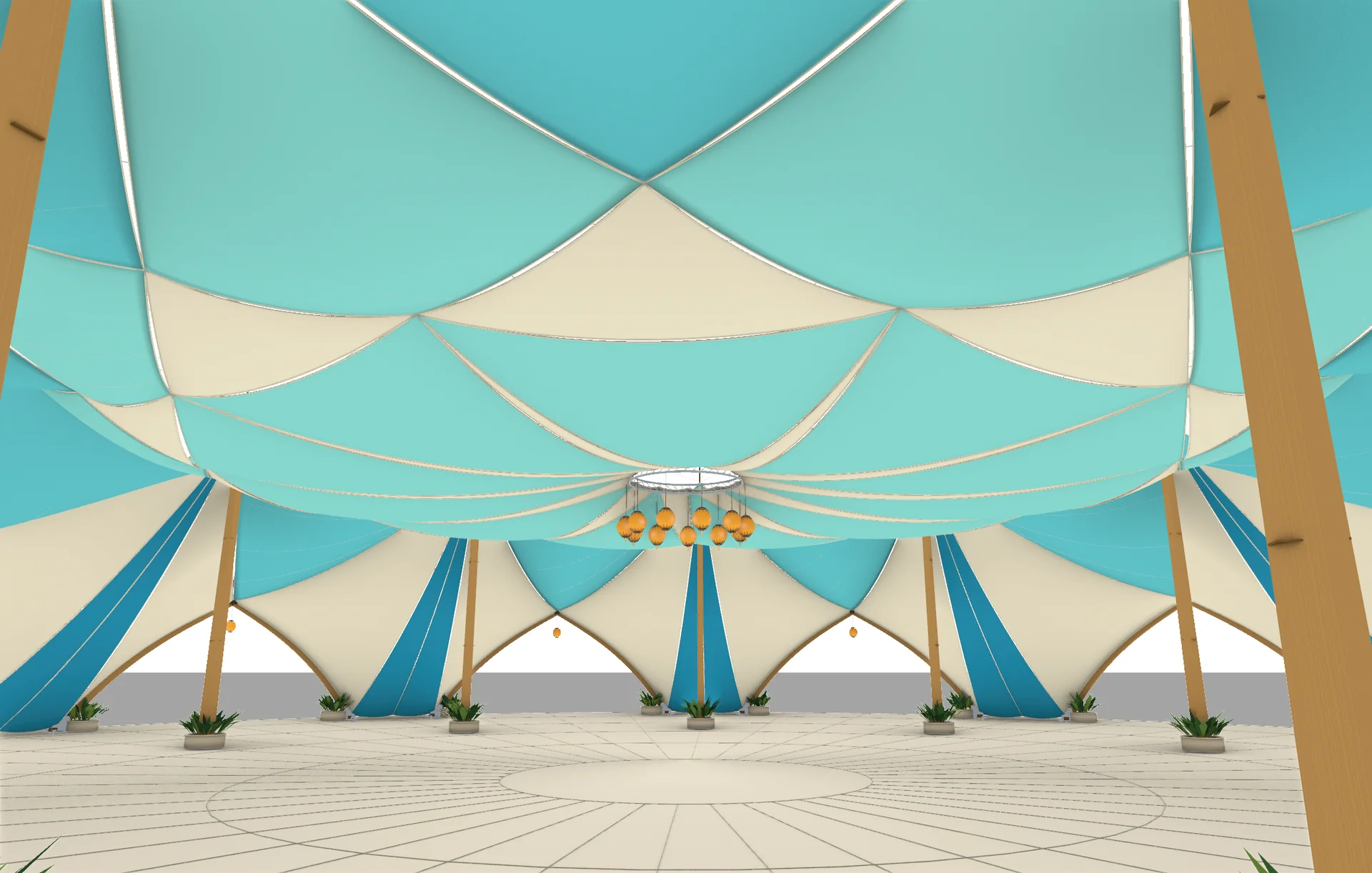 Interior model view beneath the TresMontes pavilion canopy