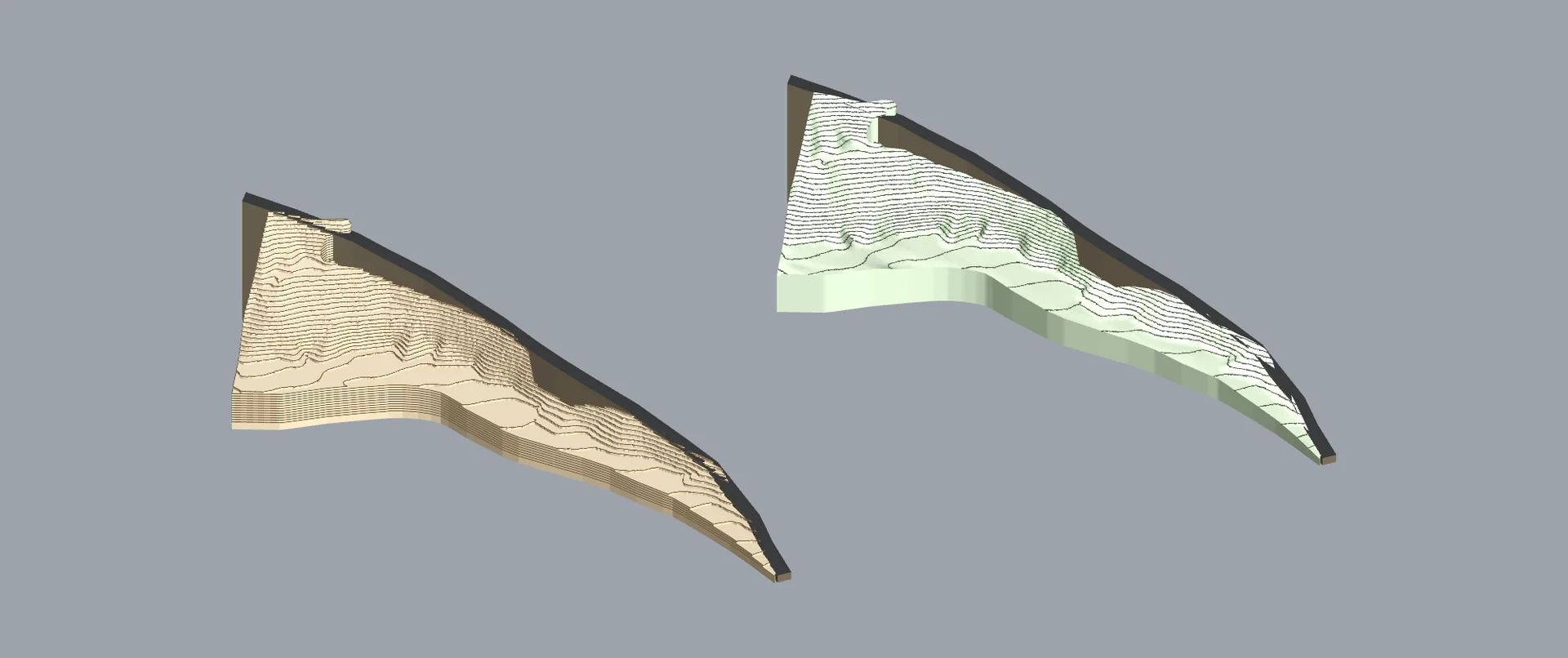 Road and terrain model comparison showing a route across a contoured site