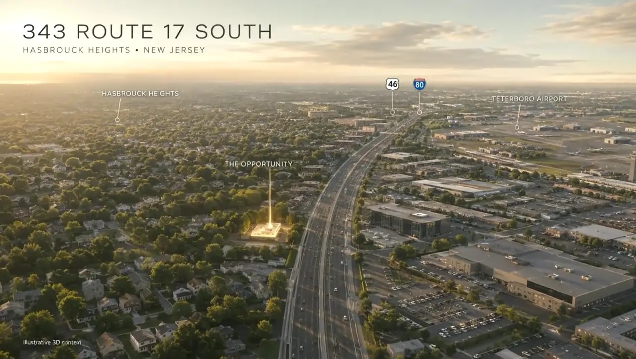 Illustrative aerial view of 343 Route 17 South in Hasbrouck Heights with surrounding roads and landmarks