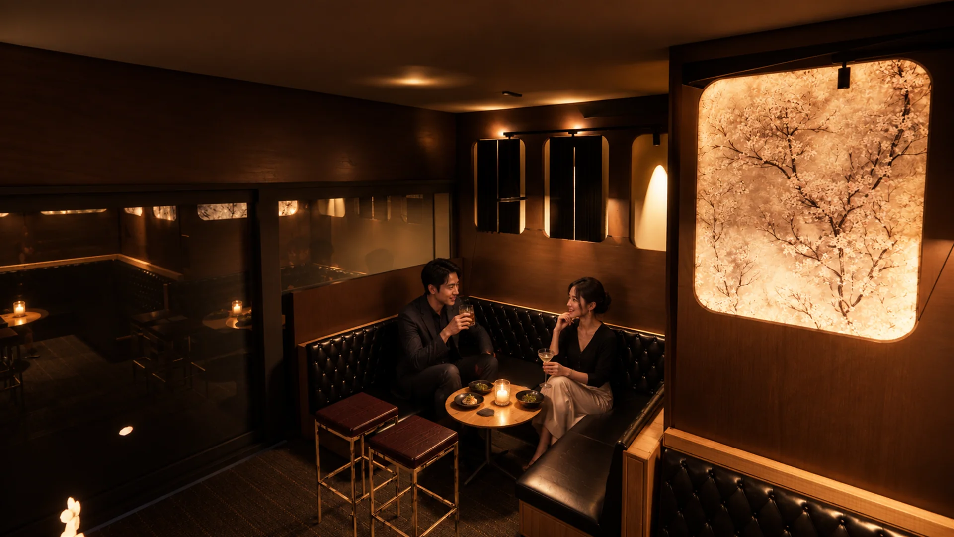 Intimate restaurant booth with leather upholstery and warm pendant lighting