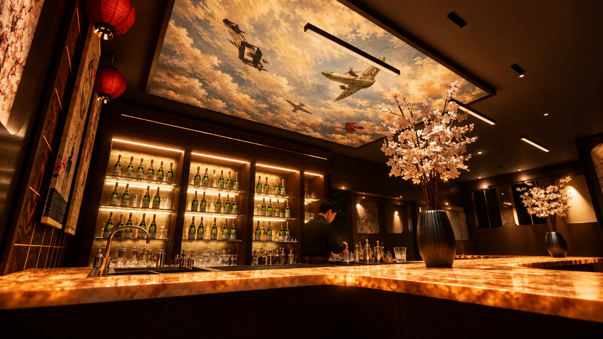 Detailed hospitality backbar with bottles and warm integrated lighting