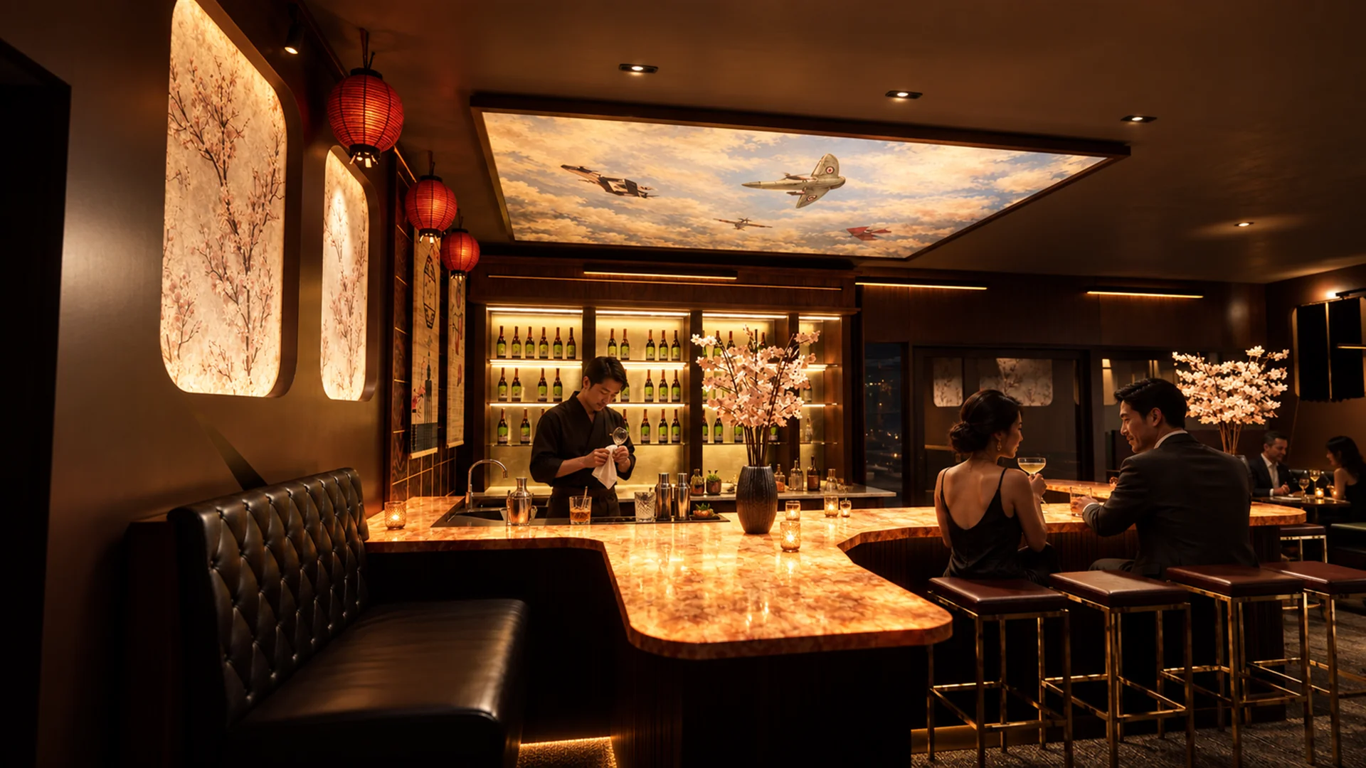 Sakura hospitality interior with warm timber and a luminous bar