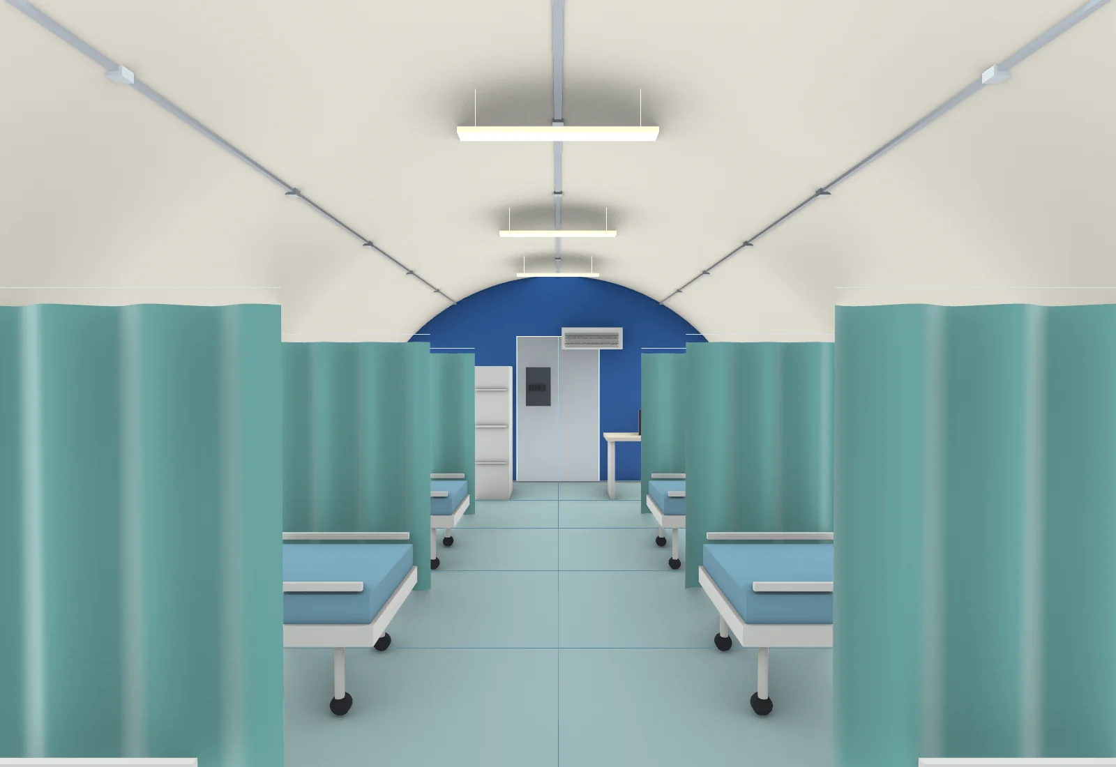 Shelter interior model showing beds and teal privacy partitions