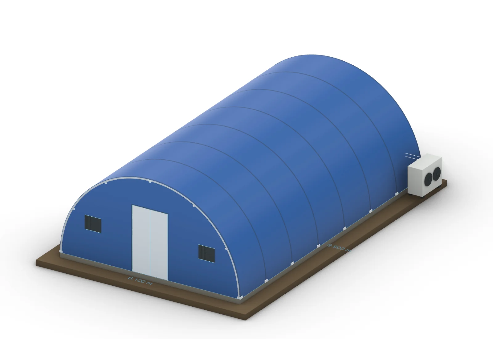 Blue arched modular shelter model shown from outside