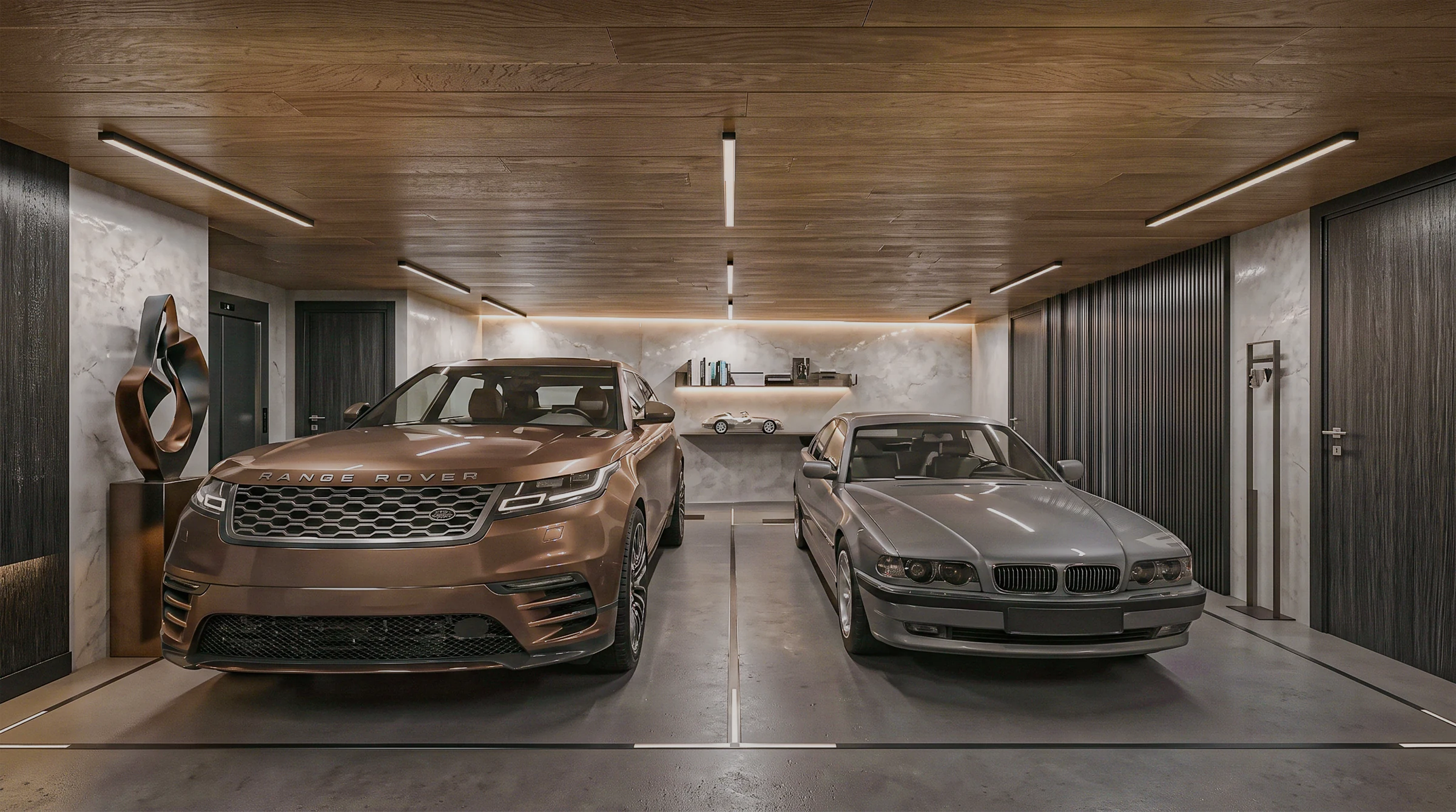 Two-car garage visualization with a timber ceiling and linear lighting