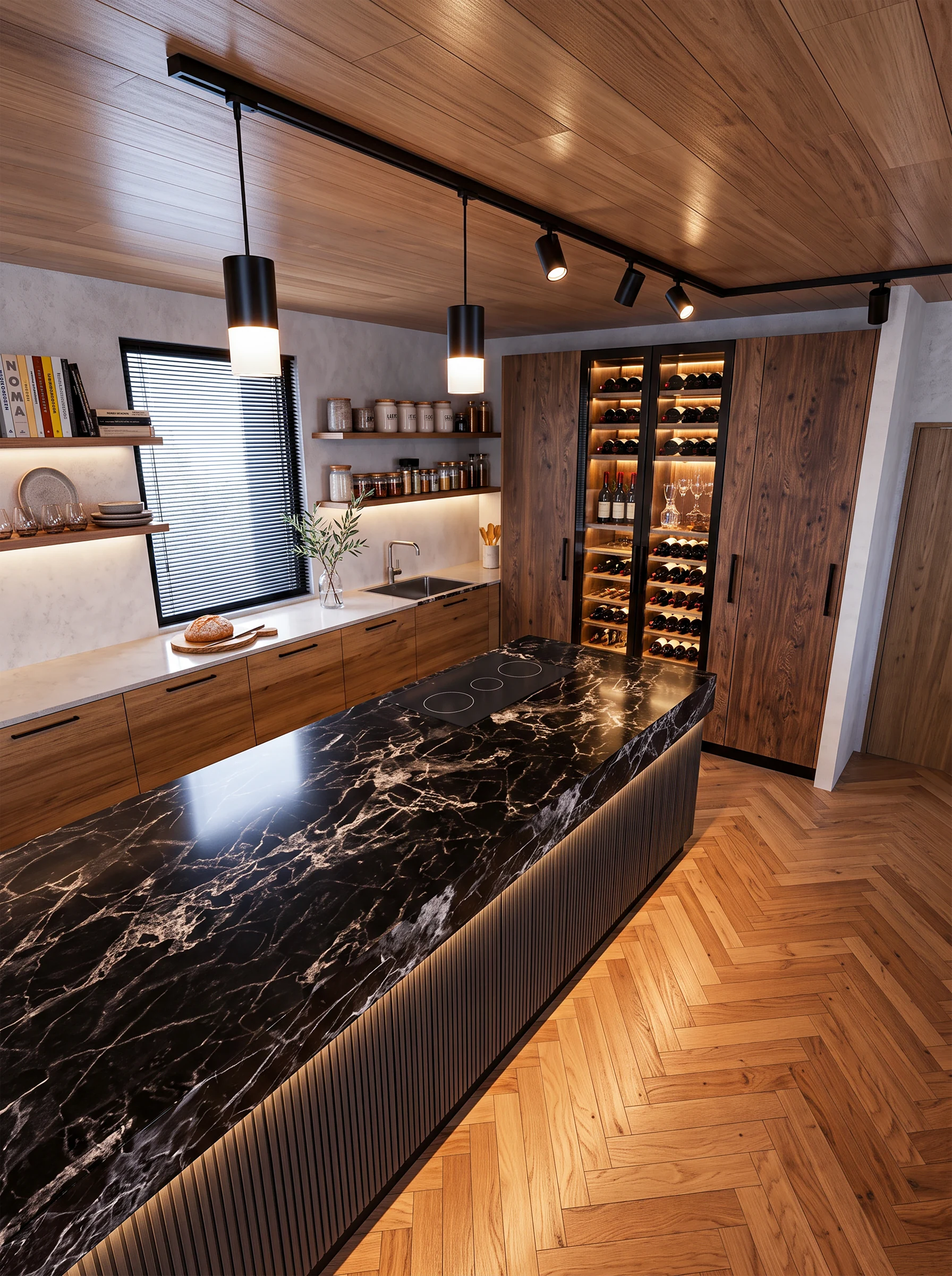 Kitchen with a dark veined island, timber ceiling, parquet floor and illuminated wine storage