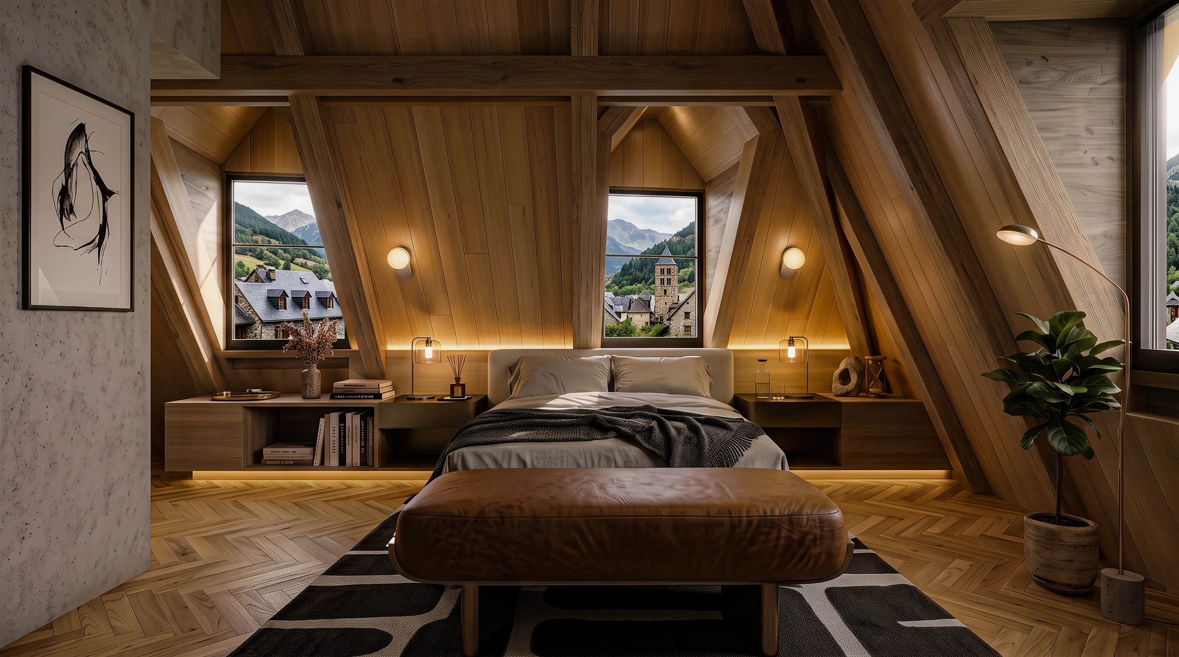 Timber-lined attic bedroom with exposed roof beams and mountain-facing windows