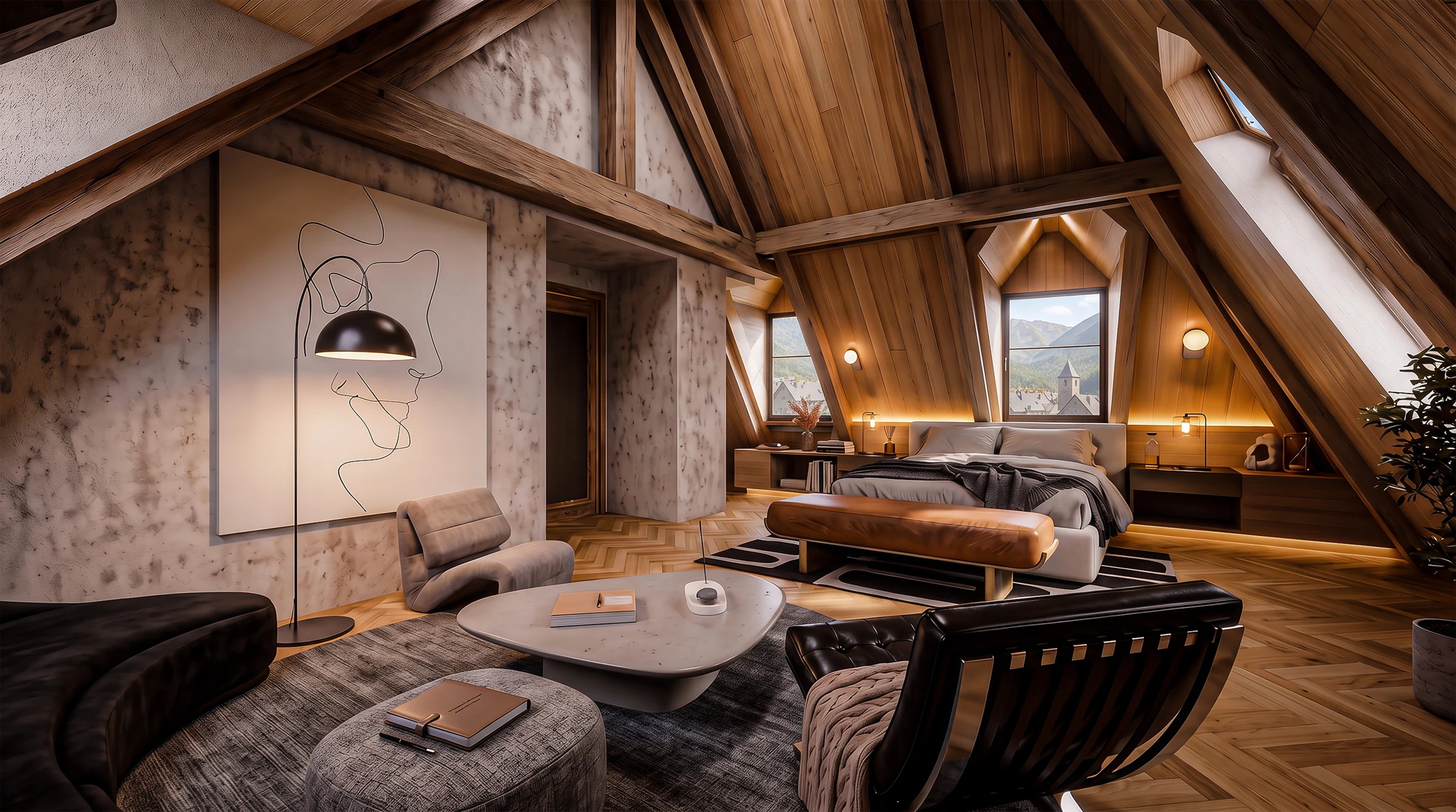 Attic lounge and bedroom beneath exposed timber rafters