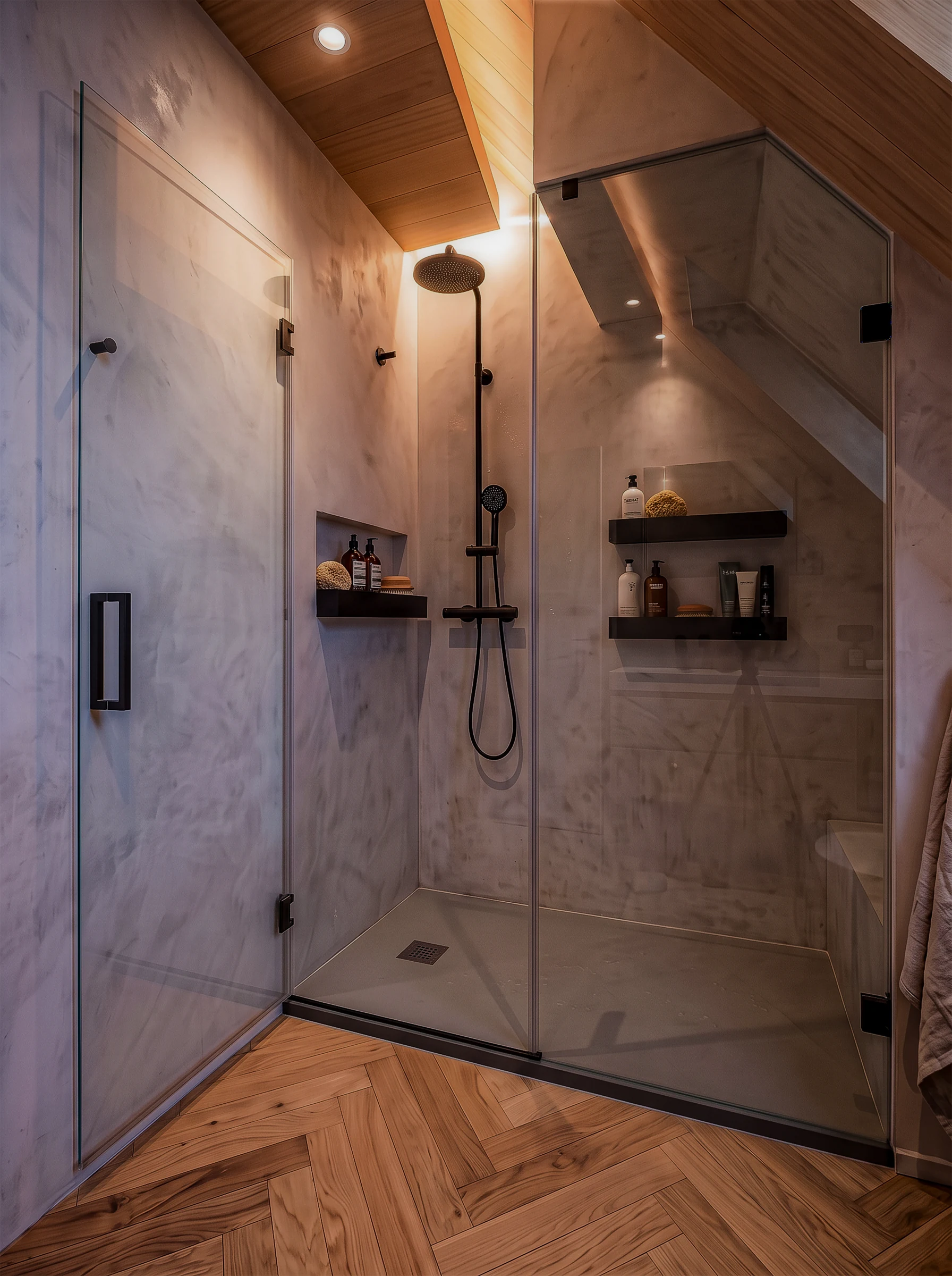 Stone-lined shower with dark fittings, a glass enclosure and timber ceiling