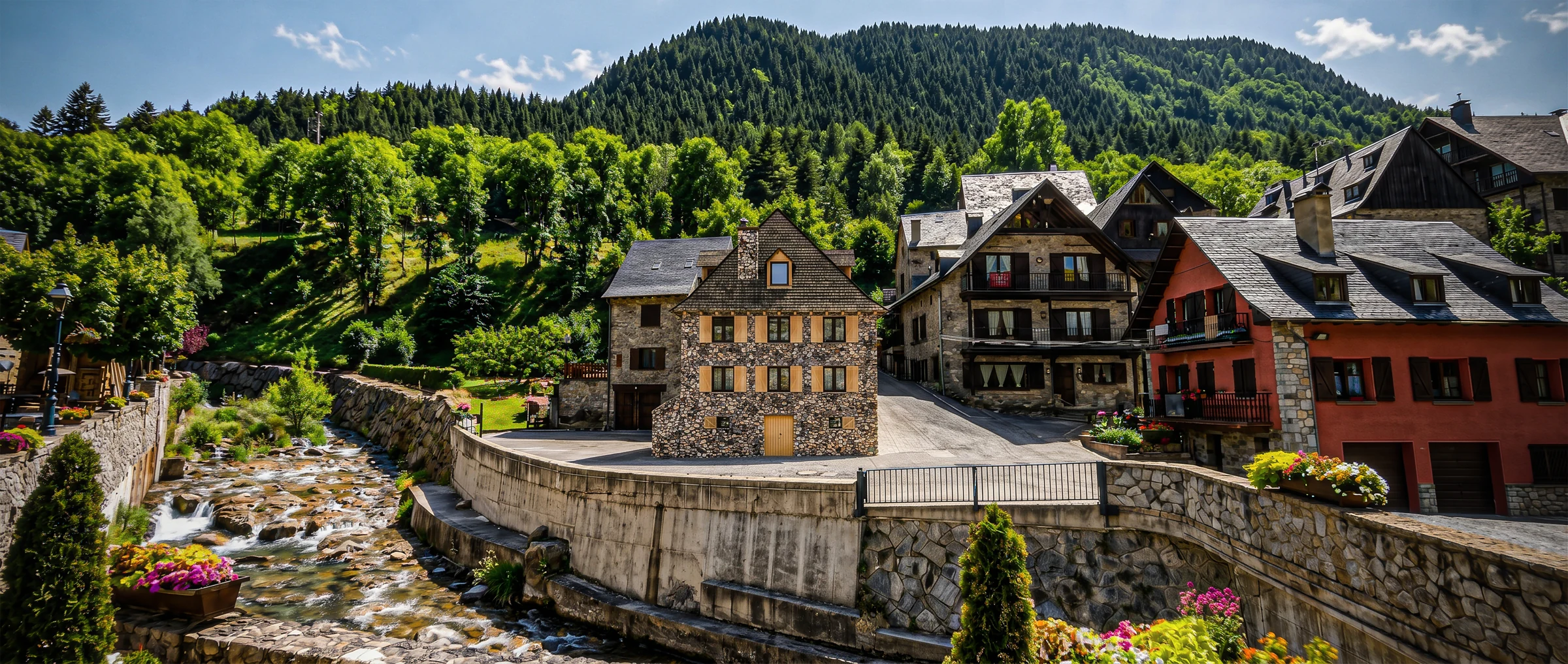 Stone house and neighboring village buildings beside a mountain stream in summer