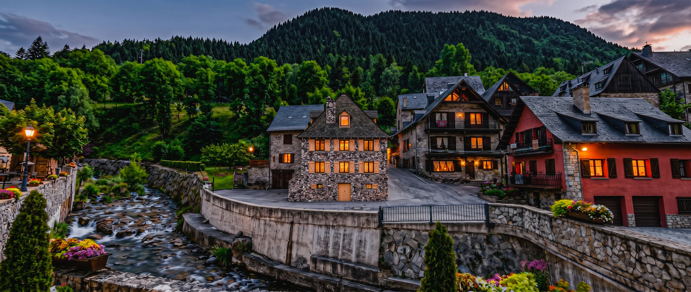 Riverfront stone house with glowing windows against a green mountain at dusk