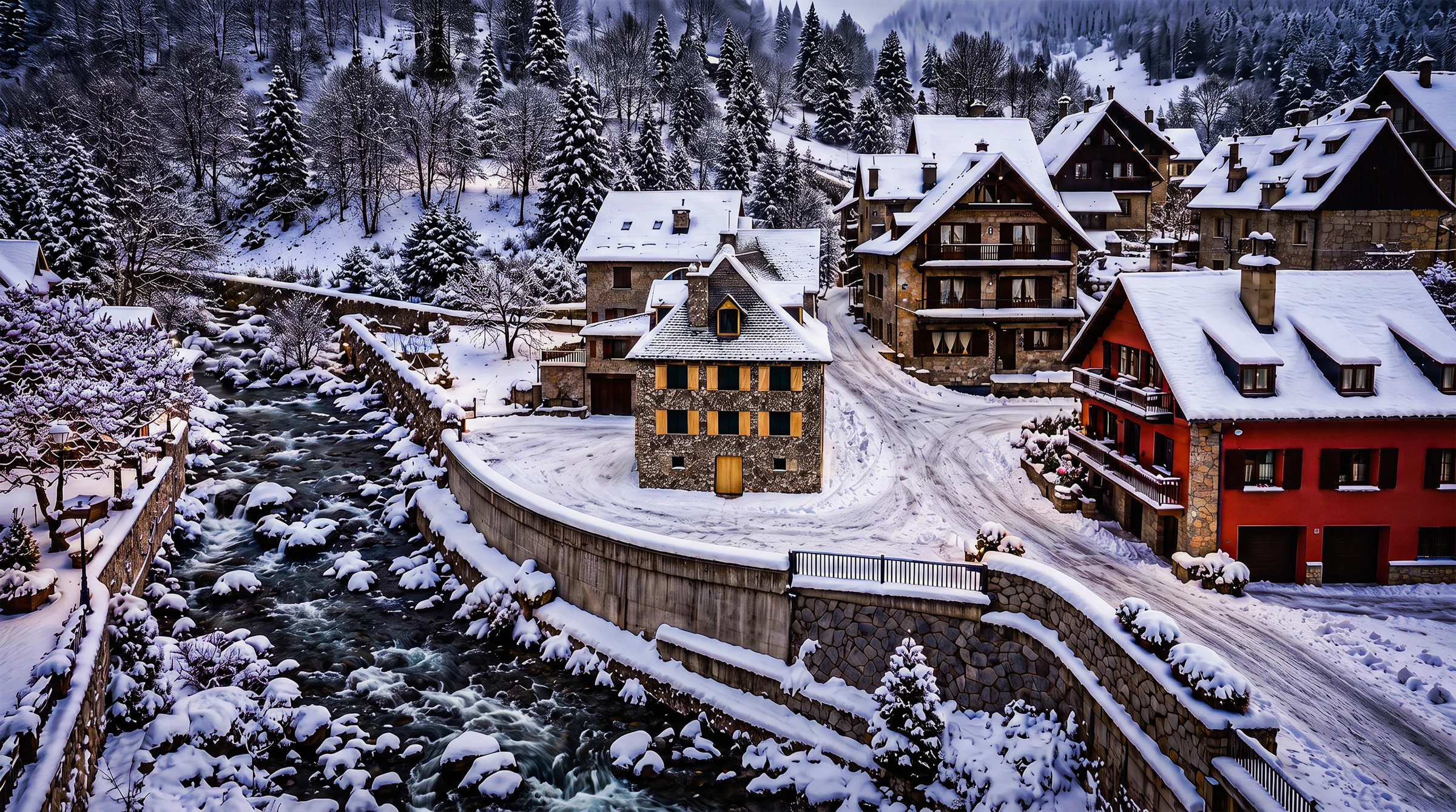 Elevated winter visualization of the stone house, snowy riverfront and village roofs