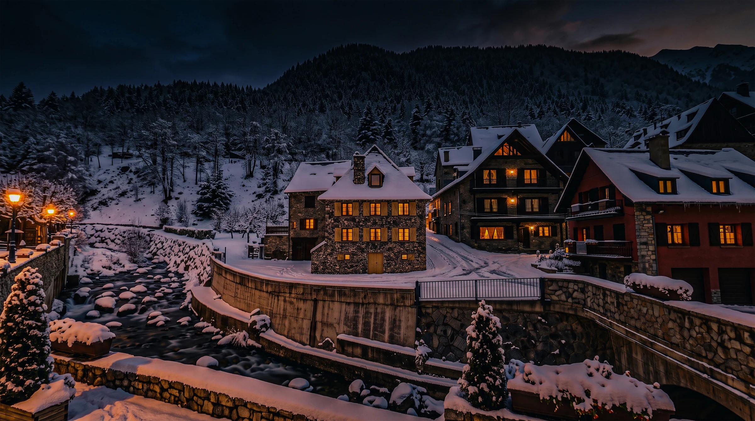 Warmly illuminated stone house beside a snowy mountain stream at dusk