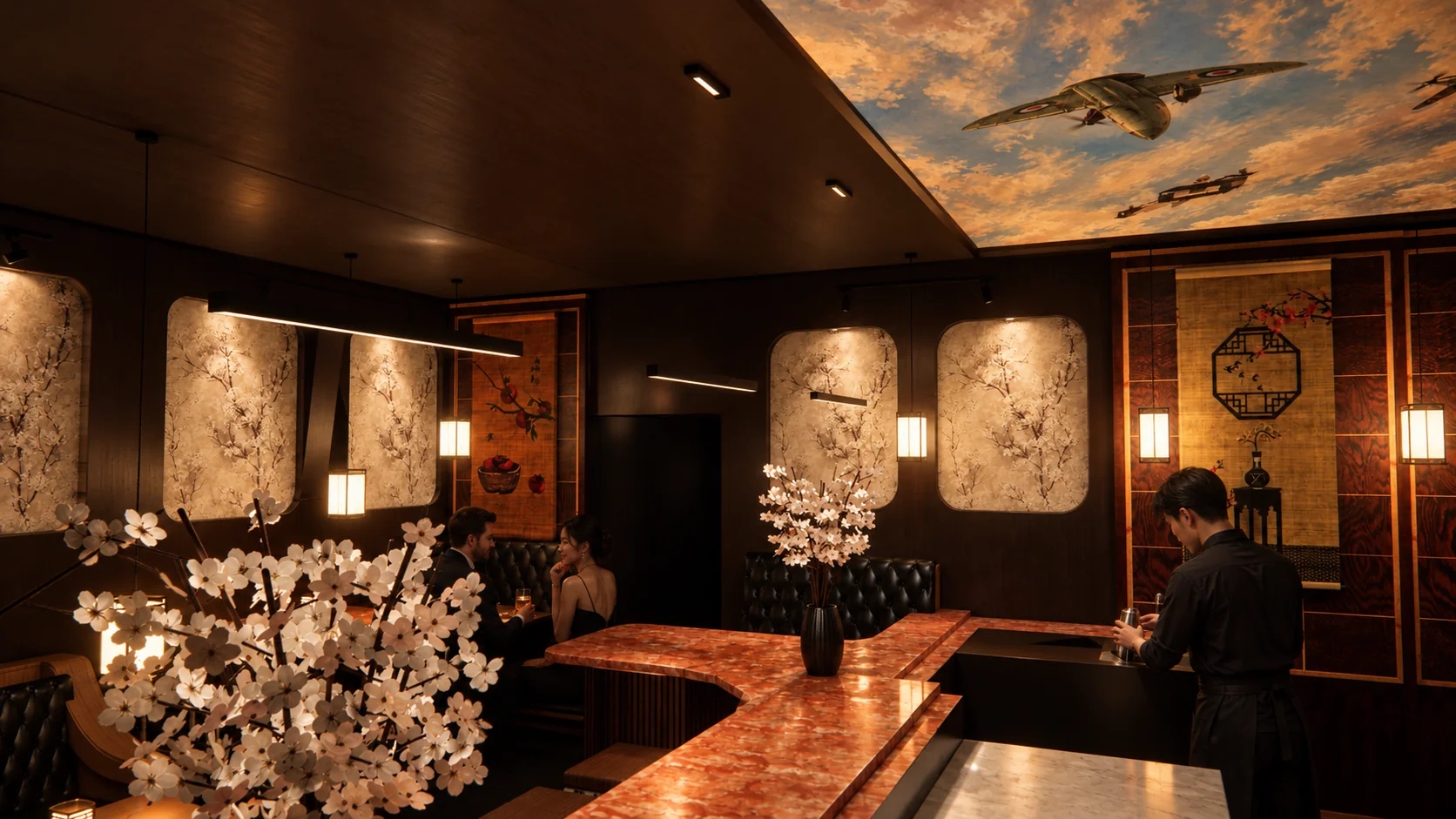 Warm bar counter and hospitality interior in the Zurich visualization study