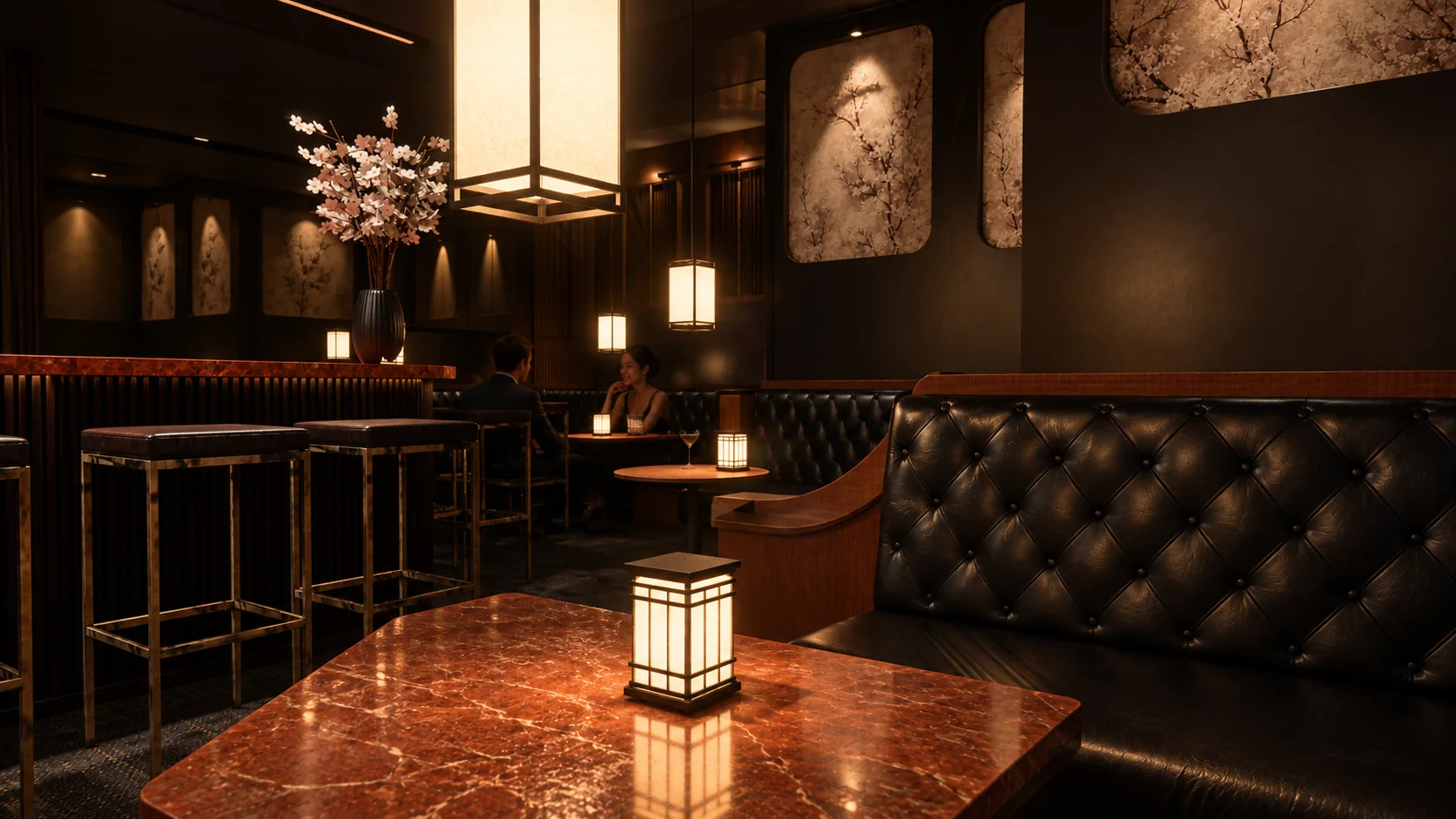 Leather booth and intimate hospitality seating in the Zurich interior study